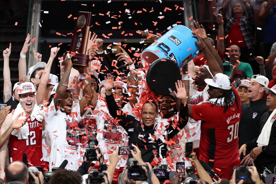 NC State celebrates its Elite Eight victory over Duke.