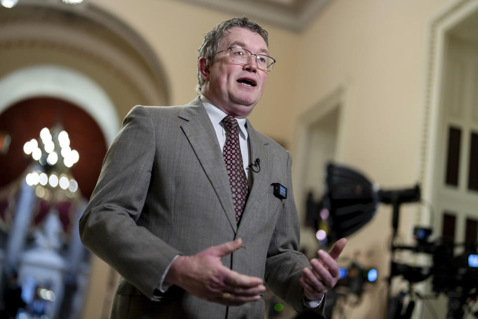 FILE - Rep. Thomas Massie, R-Ky., speaks at the Capitol in Washington, Jan. 12, 2024. The Supreme Court on Tuesday rejected appeals from three Republican U.S. House members who challenged fines for not wearing face coverings on the House floor in 2021. The justices did not comment in leaving in place $500 fines issued in May 2021 to U.S. Reps. Marjorie Taylor Greene of Georgia, Thomas Massie of Kentucky and Ralph Norman of South Carolina. (AP Photo/J. Scott Applewhite, File)