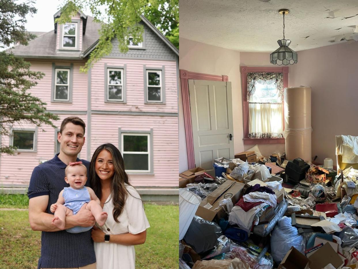 Drew and Becky Bidlen holding their daughter in front of their home (Left) and an interior shot of one of the rooms covered in clutter.