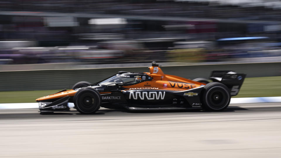 Pato O'Ward (5) competes during the second race of the IndyCar Detroit Grand Prix auto racing doubleheader on Belle Isle in Detroit, Sunday, June 13, 2021. (AP Photo/Paul Sancya)