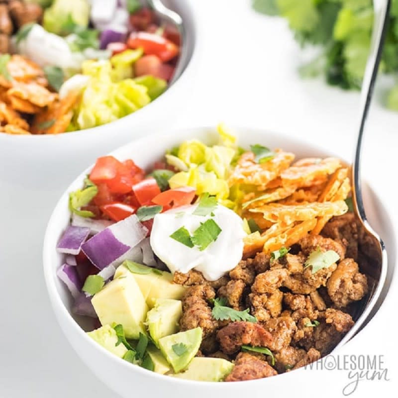 <p>Wholesome Yum</p><p>These homemade taco bowls are easy and delicious.</p><p><strong>Get the recipe: </strong><a href="https://www.wholesomeyum.com/walking-taco-bowl-recipe/" rel="nofollow noopener" target="_blank" data-ylk="slk:Taco Bowls;elm:context_link;itc:0;sec:content-canvas" class="link rapid-noclick-resp"><strong>Taco Bowls</strong></a></p>