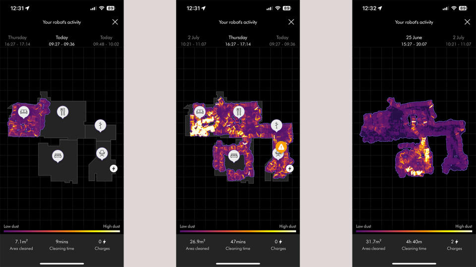 Examples of the Dyson 360 Vis Nav's dust map in the MyDyson app