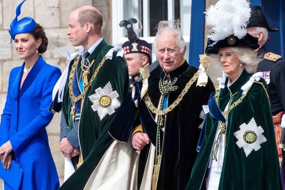 <p>Lesley Martin - Pool/Getty</p> Kate Middleton, Prince William, King Charles and Queen Camilla in Edinburgh, Scotland, on July 5, 2023