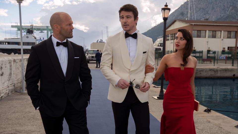 A Hollywood A-lister (Josh Hartnett, center) is recruited by a pair of spies (Jason Statham and Aubrey Plaza) for a special mission in the action comedy "Operation Fortune: Ruse de Guerre."