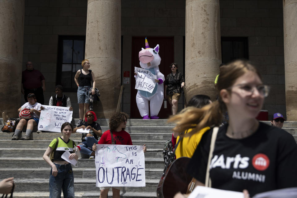 University of the Arts students and supporters protest outside of Hamilton Hall in Philadelphia on Monday, June 3, 2024. The University of the Arts announced abruptly on May 31 that it would be closing. (Monica Herndon/The Philadelphia Inquirer via AP)