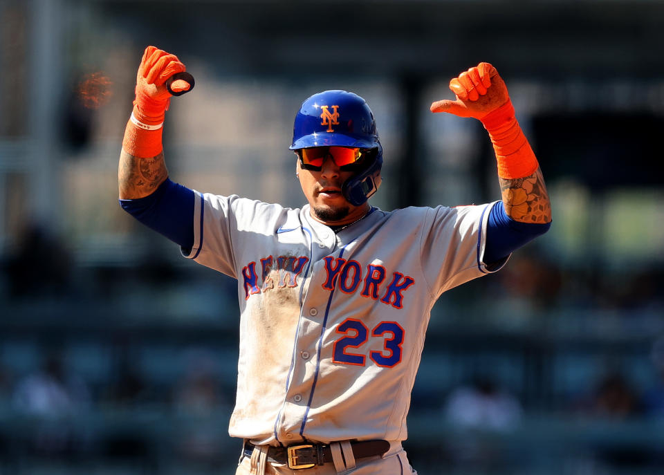 LOS ANGELES, CALIFORNIA - AUGUST 22:  Javier Baez #23 of the New York Mets reacts after hitting a double against the Los Angeles Dodgers in the seventh inning at Dodger Stadium on August 22, 2021 in Los Angeles, California. (Photo by Ronald Martinez/Getty Images)