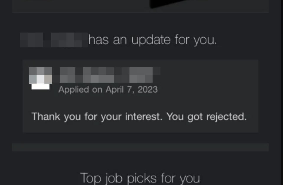 The message simply says "thank you for your interest, you got rejected"