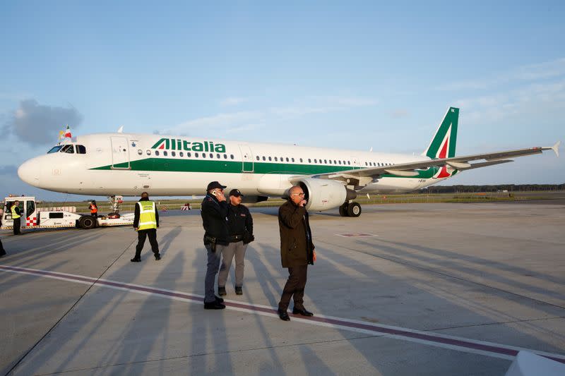 FILE PHOTO: The Alitalia plane carrying Pope Francis is seen at Fiumicino airport in Rome before flying to Sofia, Bulgaria