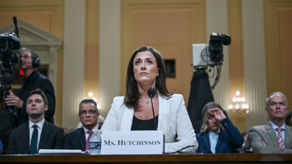 WASHINGTON, DC – JUNE 28: Cassidy Hutchinson, a top former aide to Trump White House Chief of Staff Mark Meadows, testifies during the sixth hearing by the House Select Committee to Investigate the January 6th Attack on the U.S. Capitol. (Photo by Brandon Bell/Getty Images)