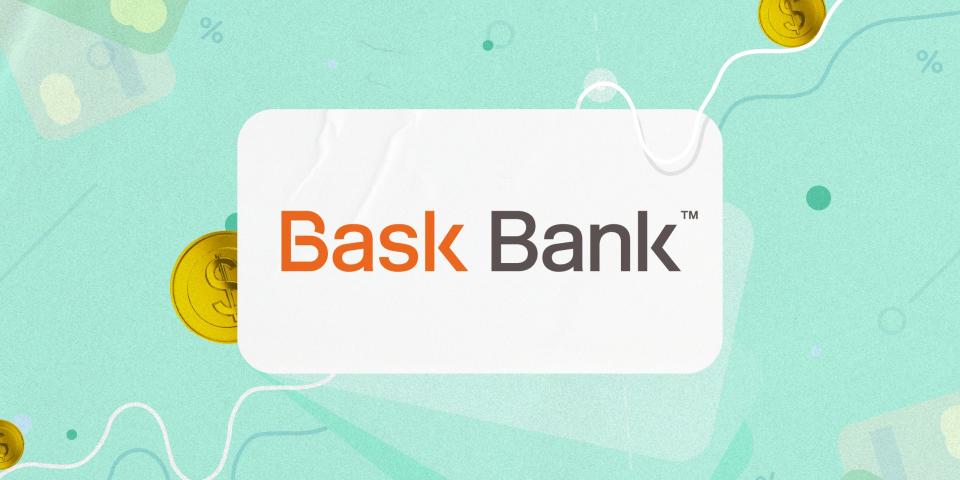 Bask Bank logo on a teal background with coin and card motifs