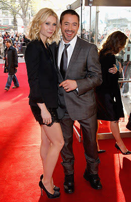 Gwyneth Paltrow and Robert Downey Jr. at the London premiere of Paramount Pictures' Iron Man