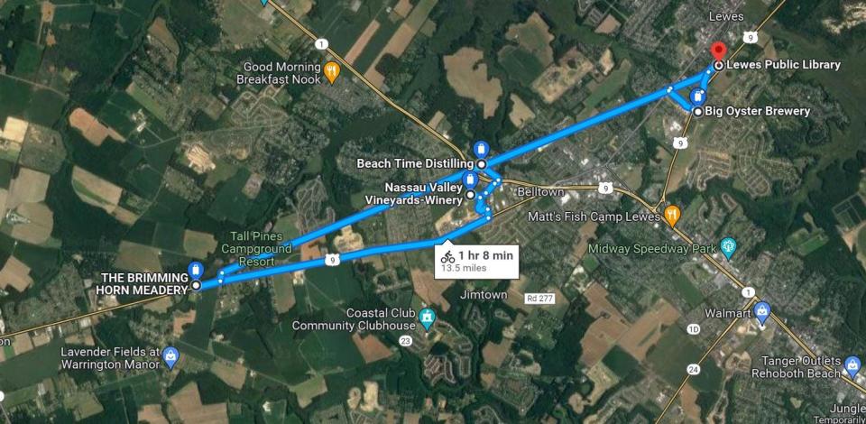 The Georgetown-Lewes bicycle trail, when completed, will run 17 miles. This route from Lewes to Brimming Horn Meadery is 6.7 miles each way -- a bit more than a half-hour ride each way for a beginning cyclist.