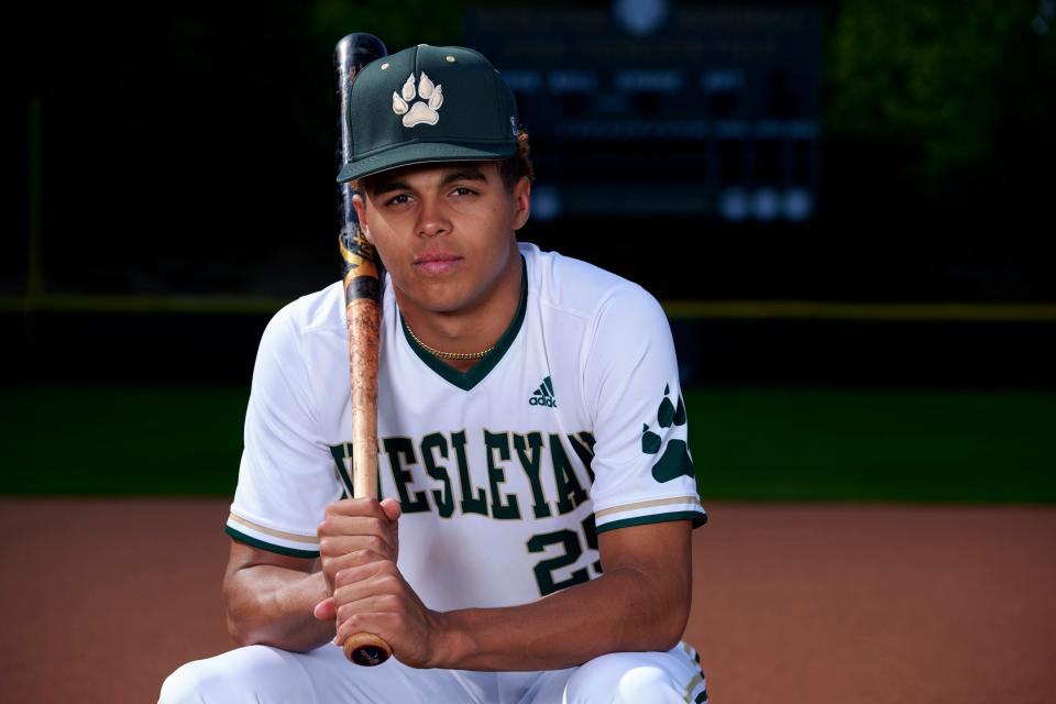 Wesleyan Wolves outfielder Druw Jones (25) poses for a photo on April 24, 2022 at the Wesleyan School in Norcross, Georgia.