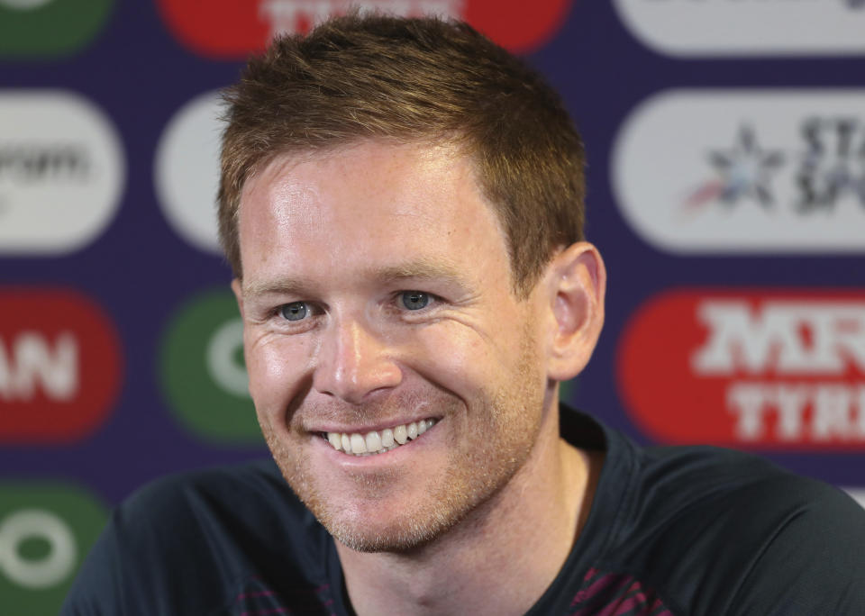 England's captain Eoin Morgan smiles during a press conference ahead of their Cricket World Cup match against India at Edgbaston in Birmingham, England, Saturday, June 29, 2019. (AP Photo/Aijaz Rahi)