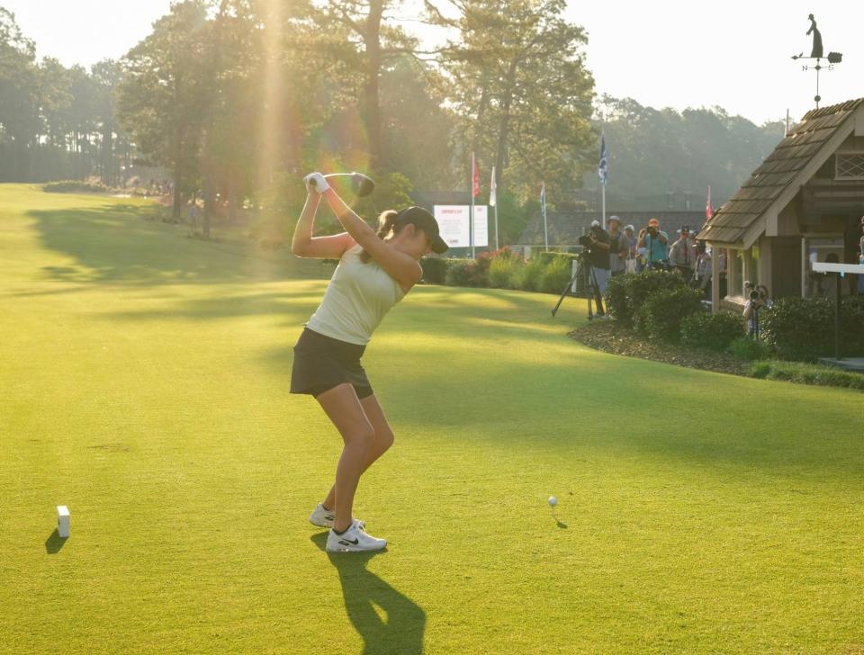Charlotte native Allison Emrey was among the first players to tee off Thursday in the 2022 U.S. Women's Open at Pine Needles.