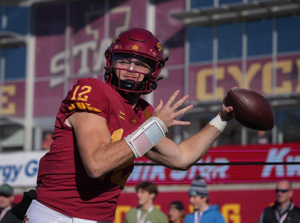 Iowa State quarterback Hunter Dekkers throws a pass during warm-ups prior to kickoff against Oklahoma on Saturday at Jack Trice Stadium.