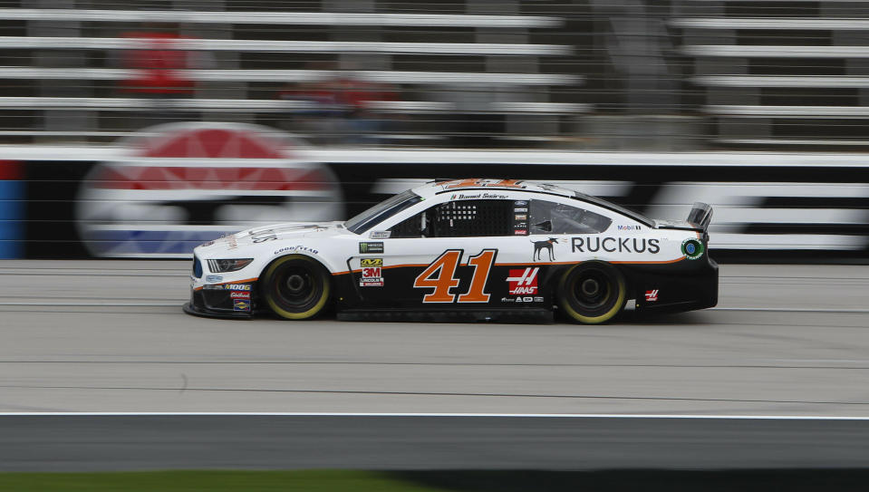 Daniel Suarez (41) drives during practice for a NASCAR Cup Series auto race at Texas Motor Speedway in Fort Worth, Texas, Friday, March 29, 2019. (AP Photo/LM Otero)