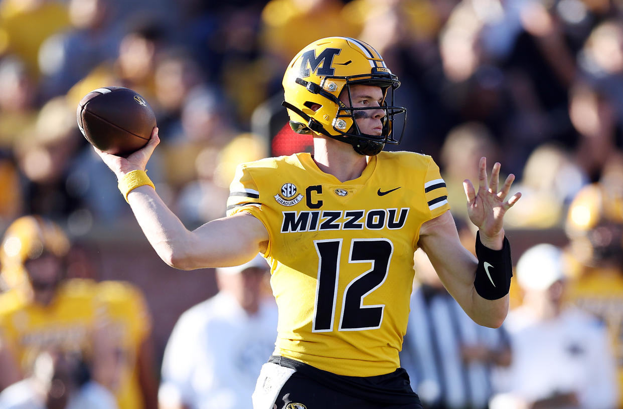 COLUMBIA, MISSOURI - OCTOBER 21:  Quarterback Brady Cook #12 of the Missouri Tigers passes during the game against the South Carolina Gamecocks at Faurot Field/Memorial Stadium on October 21, 2023 in Columbia, Missouri. (Photo by Jamie Squire/Getty Images)