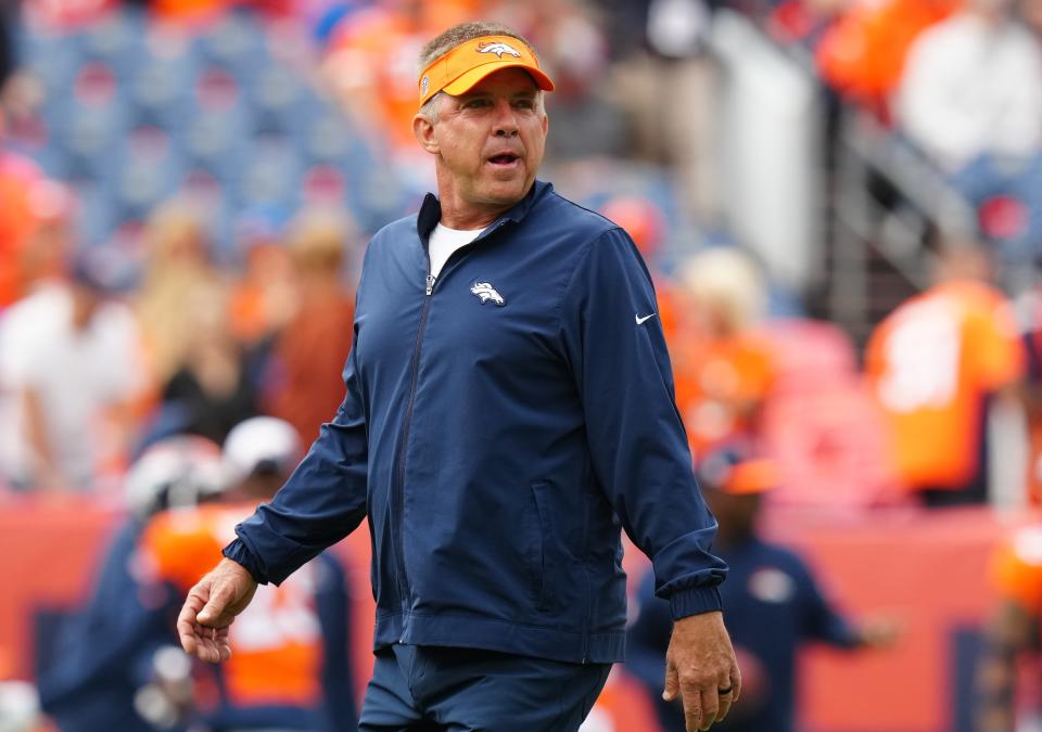 Sep 10, 2023; Denver, Colorado, USA; Denver Broncos head coach Sean Payton before the game against the Las Vegas Raiders at Empower Field at Mile High. Mandatory Credit: Ron Chenoy-USA TODAY Sports