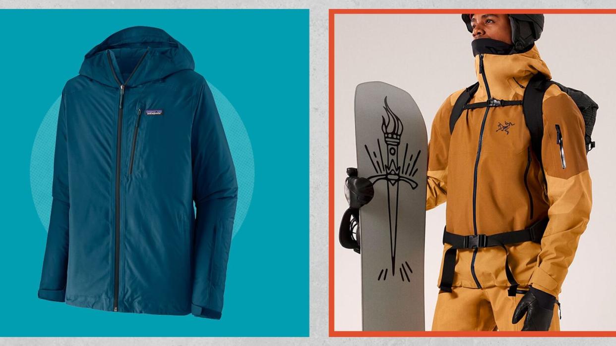 a collage of a man in a blue jacket and a white snowboard