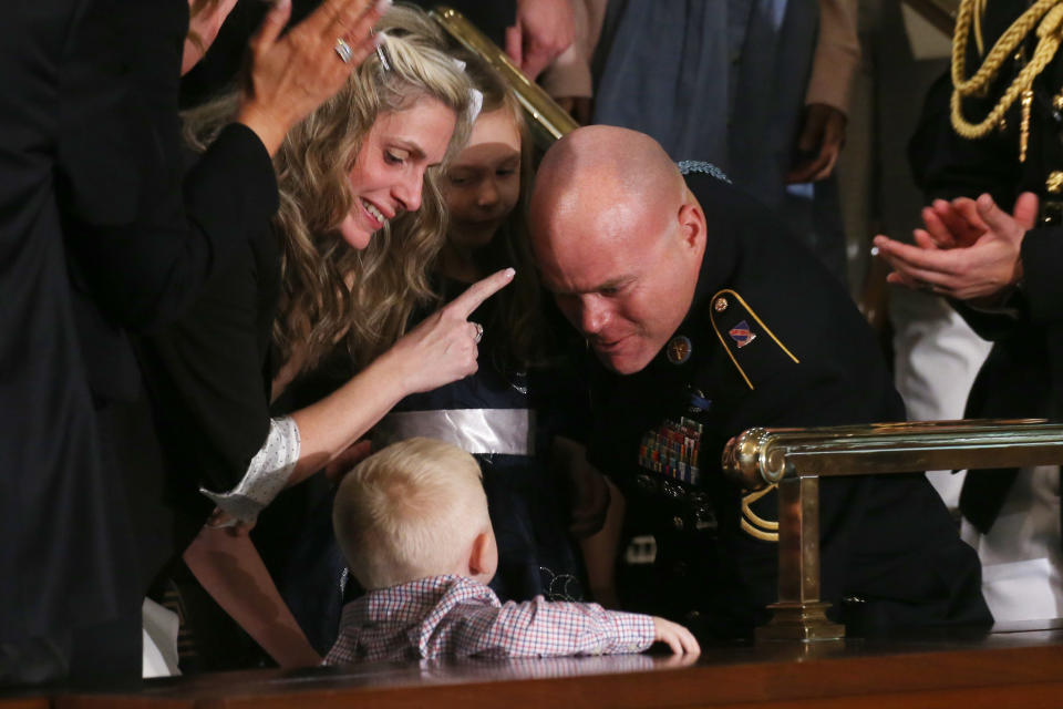 Sgt. 1st Class Townsend Williams surprises his family by returning early from deployment in Afghanistan during the State of the Union address in the chamber of the U.S. House of Representatives on February 04, 2020 in Washington, DC.  (Mario Tama/Getty Images)