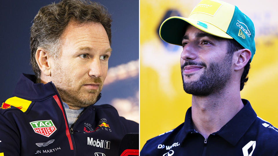 Red Bull team principal Christian Horner is pictured in a 50/50 split image next to Renault F1 driver Daniel Ricciardo.