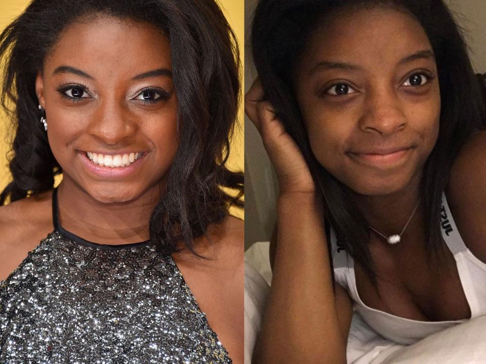 Simone Biles on a red carpet (left) and a no-makeup selfie posted by Simone (right).