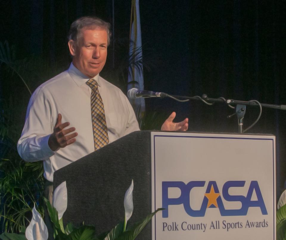 Jeff Sikes, 2023 Hall of Fame Class recipient, speaks after receiving the award during the 2023 Polk County All Sports Awards ceremony at The RP Funding Center in Lakeland Tuesday night. June 13, 2023.