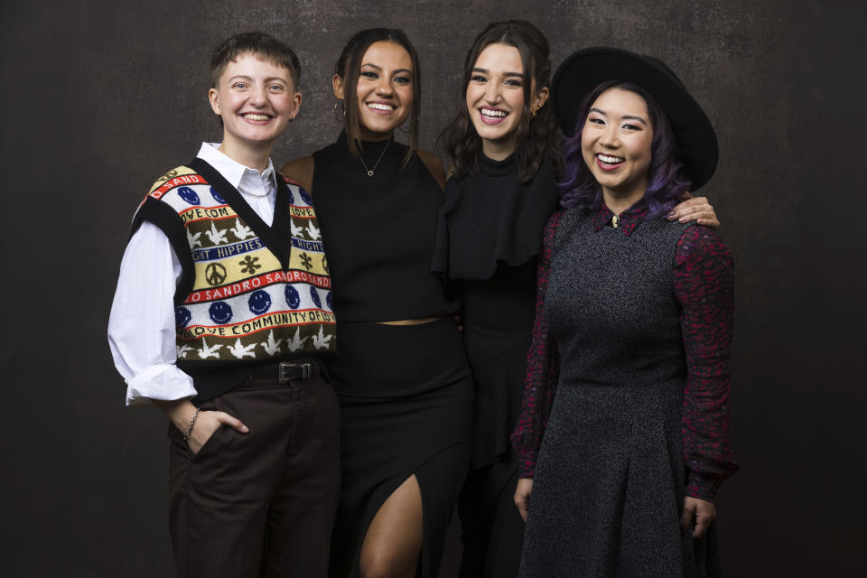 FILE - Ari Notartomaso, from left, Cheyenne Isabel Wells, Marisa Davila and Tricia Fukuhara, cast members in the Paramount+ television series "Grease: Rise of the Pink Ladies," pose for a portrait during the Winter Television Critics Association Press Tour on Jan. 9, 2023, in Pasadena, Calif. (Willy Sanjuan/Invision/AP, File)