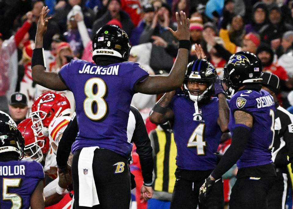 Baltimore Ravens quarterback Lamar Jackson (8) reacts after wide receiver Zay Flowers (4) fumbled for a turnover against the Kansas City Chiefs during the second half in the AFC Championship football game at M&T Bank Stadium.