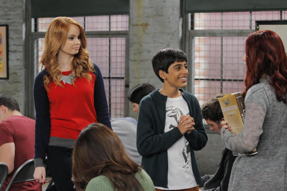 This photo released by Disney Channel shows, from left, Debby Ryan, Karan Brar, and Jillian Rose Reed, in "Acting With the Frenemy," a new episode of "Jessie," airing on Friday, April 27, 2014, (7:30 PM - 8:00 PM ET/PT), on the Disney Channel. The title character of Disney Channel's "Jessie," starring Ryan, becomes engaged in a four-episode arc that will conclude the season this fall. (AP Photo/Disney Channel, Tony Rivetti)