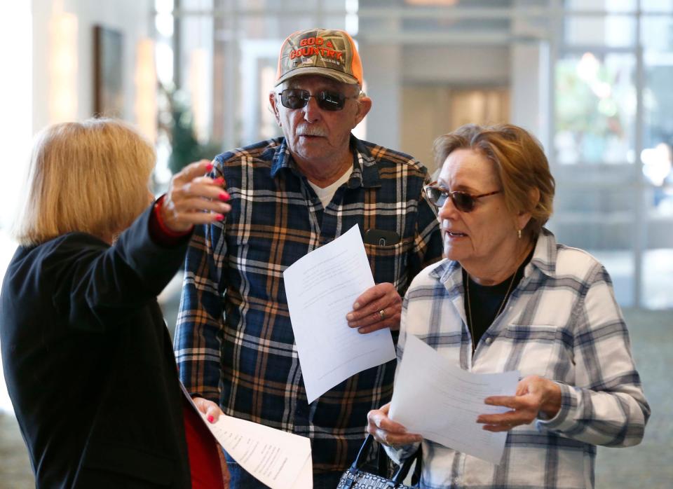 Richard and Carol Portis arrive at the Greene County Republican Caucus at the Oasis Convention Center in north Springfield on March 2, 2024.