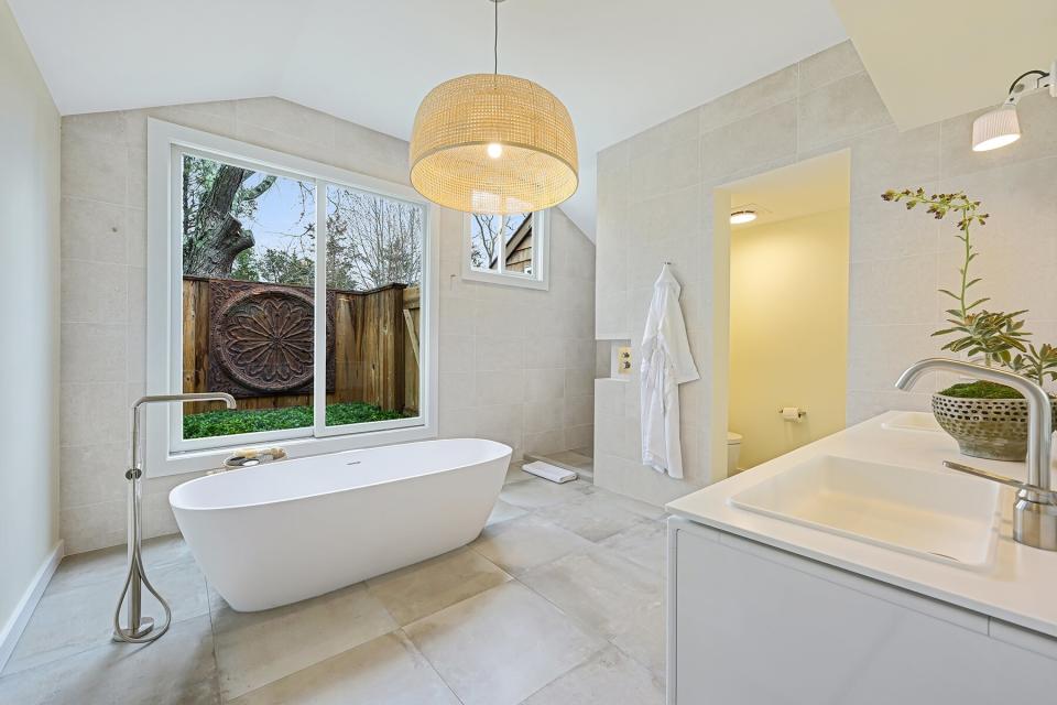 A bathroom inside The Beach House at The Roundtree, Amagansett