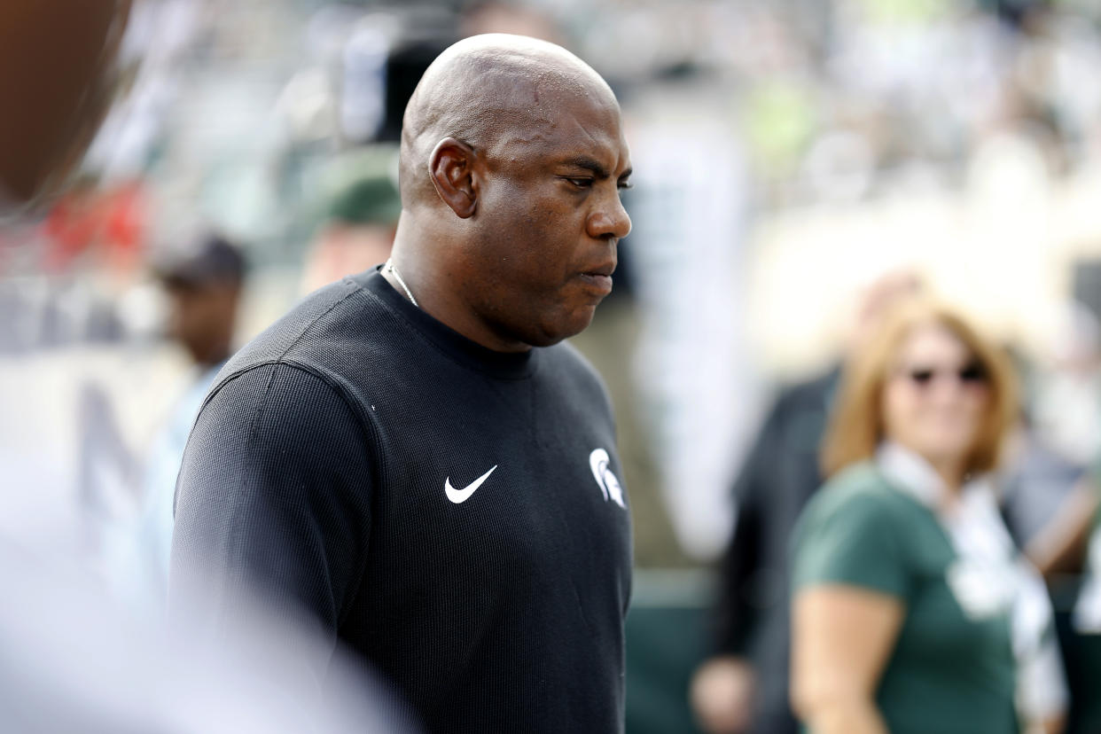 EAST LANSING, MICHIGAN - SEPTEMBER 09: Head coach Mel Tucker of the Michigan State Spartans looks on prior to a game against the Richmond Spiders at Spartan Stadium on September 09, 2023 in East Lansing, Michigan. (Photo by Mike Mulholland/Getty Images)