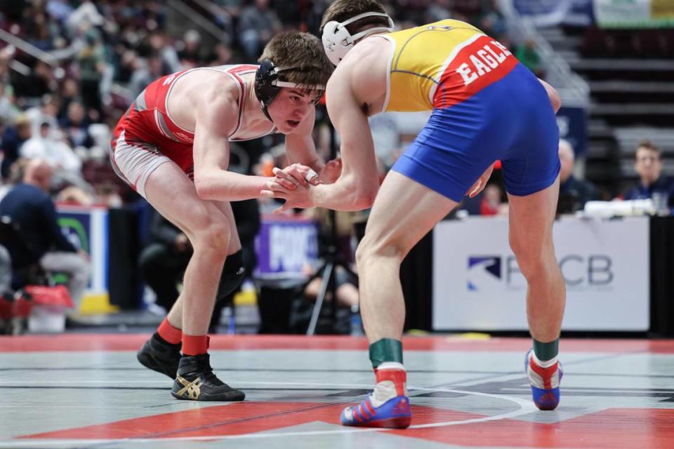 Bellefonte’s Ezra Swisher looks for an opening on Line Mountain’s Nolan Baumert in their 139-pound PIAA Class 2A consolation first round match on Thursday, March 7, 2024 at the Giant Center in Hershey. Baumert ended Swisher’s season with a 3-2 loss.