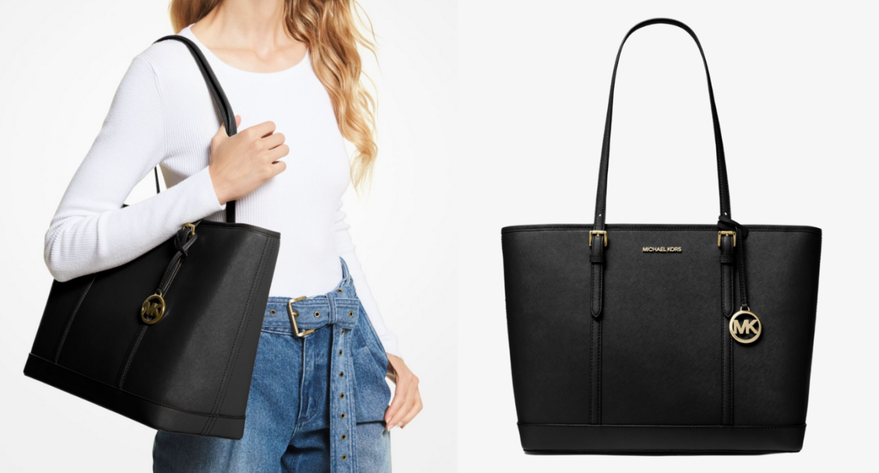 blonde model in white shirt and blue jeans holding black leather michael kors tote bag, michael kors