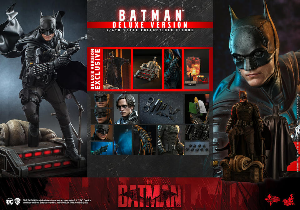 A splash page of Hot Toys The Batman figure and all its extras and accessories