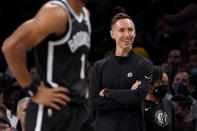 Brooklyn Nets head coach Steve Nash reacts to a referee's call during the first half of an NBA basketball game against the Miami Heat, Wednesday, Oct. 27, 2021, in New York. (AP Photo/John Minchillo)