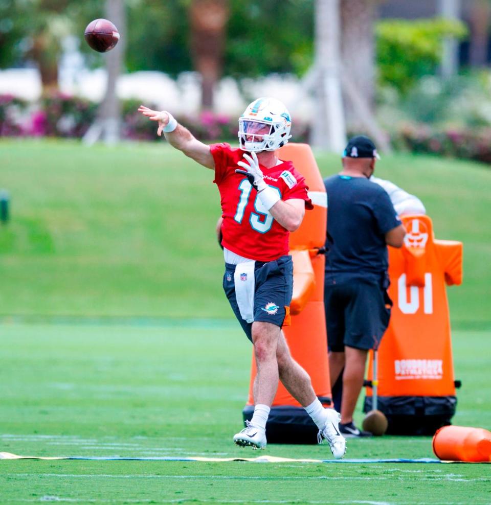 Miami Dolphins quarterback Skylar Thompson passes during the NFL football team’s organized team activities at Baptist Health Training Complex in Hard Rock Stadium on Tuesday, May 24, 2021 in Miami Gardens, Florida, in preparation for their 2022-23 NFL season.