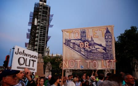 Anti-Brexit protestors hold placards, outside the Houses of Parliament in London