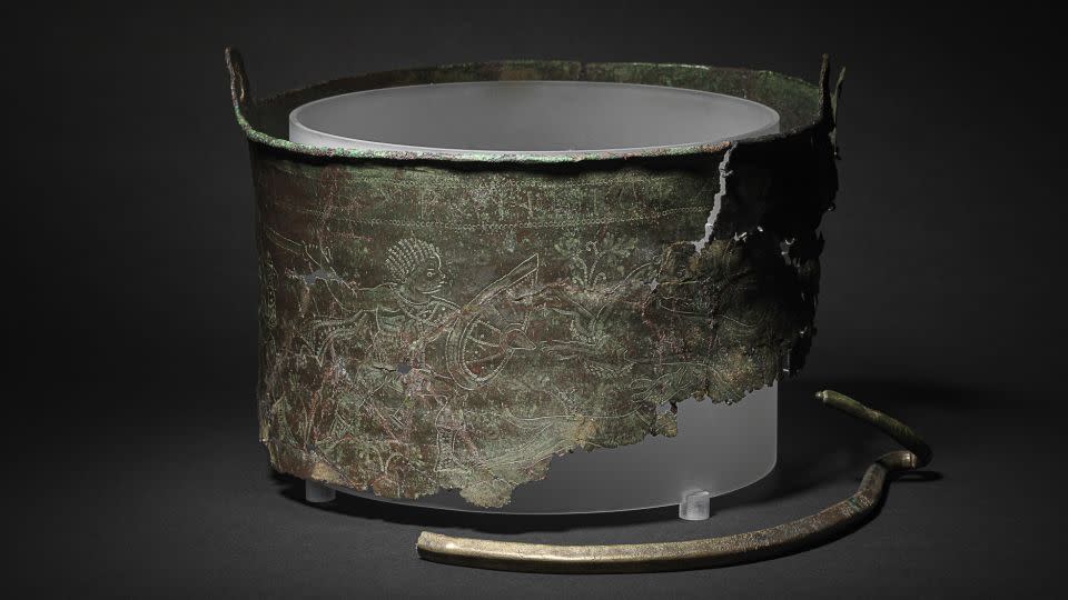 The bucket is seen on display in Sutton Hoo's High Hall exhibition. The newly discovered pieces will be incorporated into the exhibition later. -David Brunetti/National Trust Images