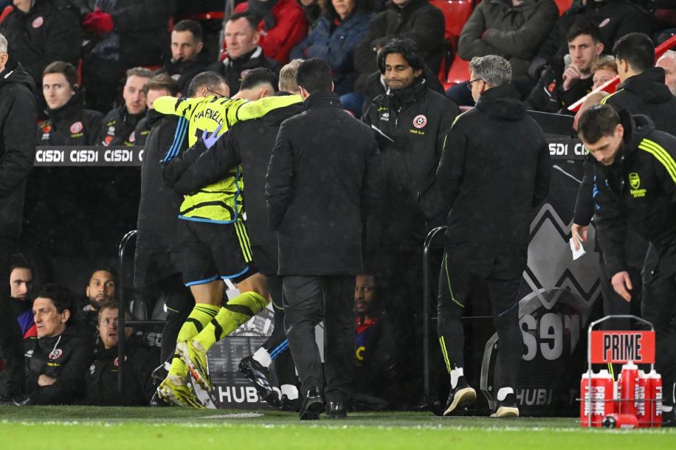 Martinelli hobbling off was the only mark on Arsenal’s night (Getty Images)