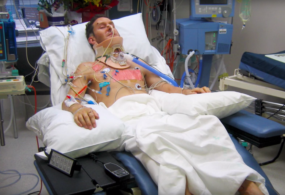 Photo of Mr Forbes in hospital after an accident in Melbourne in 2008 which left him a quadriplegic. 