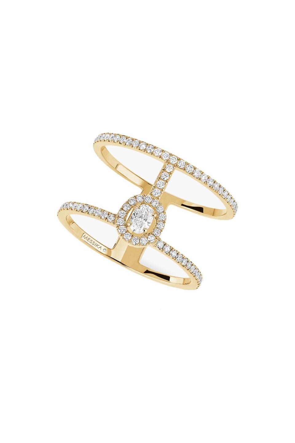 <p><strong>Messika</strong></p><p>messika.com</p><p><strong>$3900.00</strong></p><p><a href="https://www.messika.com/us_en/yellow-gold-pave-diamond-ring-2-rows-glamazone-05237-yg" rel="nofollow noopener" target="_blank" data-ylk="slk:Shop Now;elm:context_link;itc:0;sec:content-canvas" class="link ">Shop Now</a></p><p>Don’t wait for a wedding band to start stacking. The openwork structure of this gold and pave diamond ring is delicate, but makes a huge impact.</p>