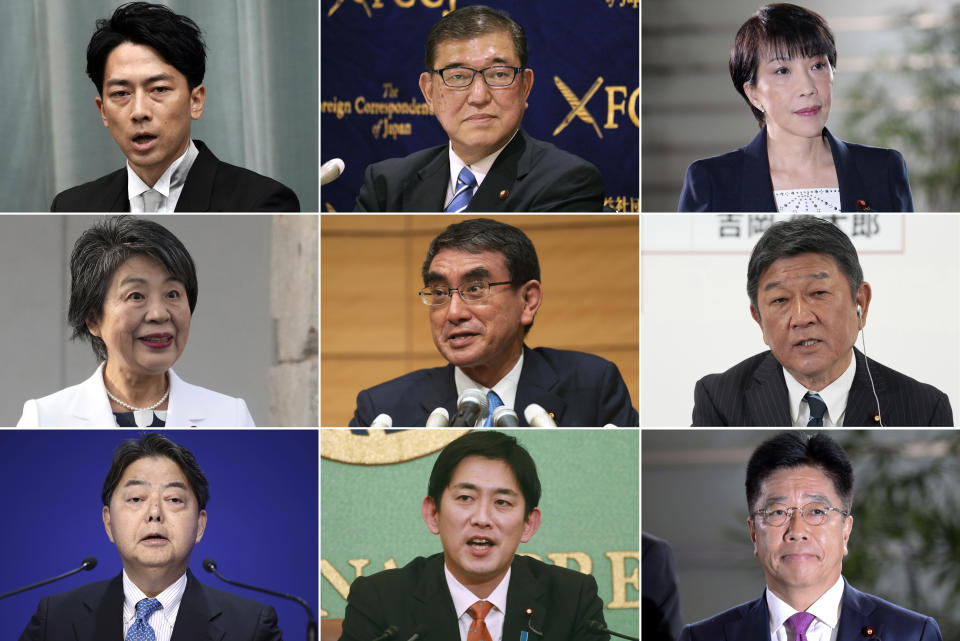 This photo combination shows the candidates of the ruling Liberal Democratic Party for the party's upcoming presidential election. Top row from left, former Environment Minister Shinjiro Koizumi, former Defense Minister Shigeru Ishiba, and Economic Security Minister Sanae Takaichi. Middle row from left, Foreign Minister Yoko Kamikawa, Digital Minister Taro Kono, and Liberal Democratic Party’s Secretary General Toshimitsu Motegi. Bottom row from left, Chief Cabinet Secretary Yoshimasa Hayashi, former Economic Security Minister Takayuki Kobayashi and former Chief Cabinet Secretary Katsunobu Kato. Japan will have a new leader after outgoing Prime Minister Fumio Kishida’s governing Liberal Democratic Party holds a vote on Sept. 27 to choose his replacement. (AP Photo)