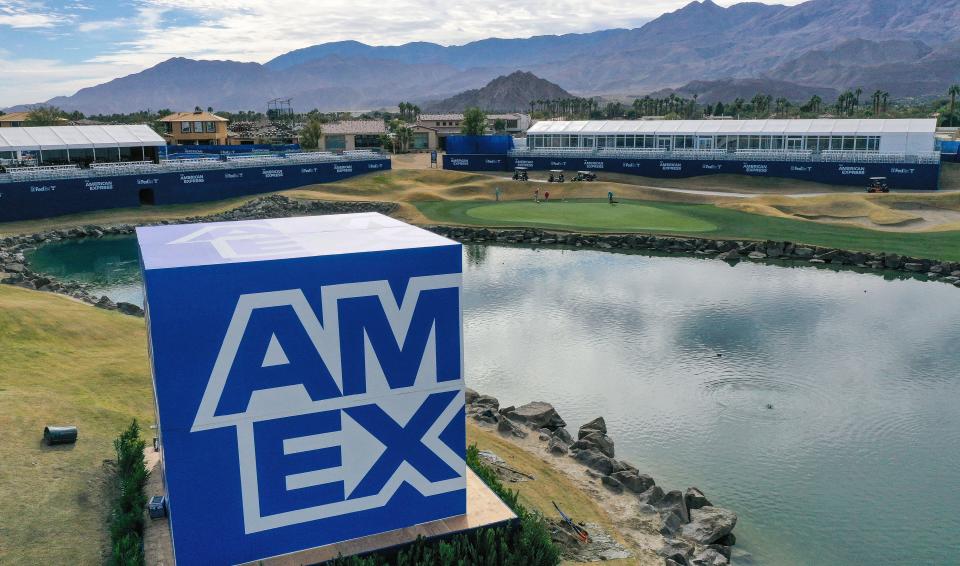 Preparations are underway for the beginning of the American Express PGA tournament at PGA West in La Quinta, Calif., Thursday, January 13, 2022.  Pictured is the 18th green on the Stadium Course.