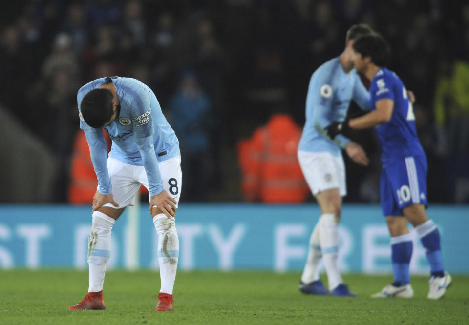 Manchester City's Ilkay Gundogan reacts after the English Premier League soccer match between Leicester City and Manchester City at the King Power Stadium in Leicester, England, Wednesday, Dec. 26, 2018. (AP Photo/Rui Vieira)