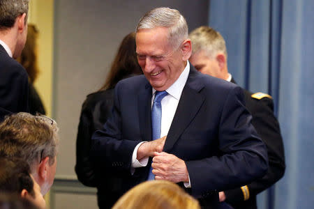 U.S. Defense Secretary James Mattis chats with reporters after a media briefing at the Pentagon in Washington, U.S., April 11, 2017. REUTERS/Yuri Gripas