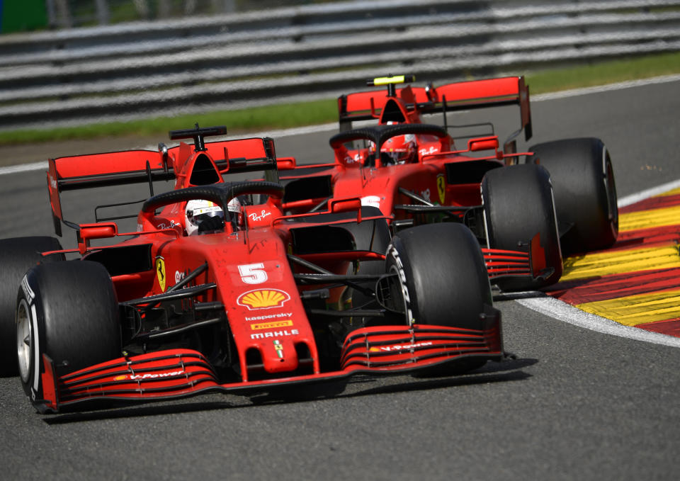 Ferrari driver Sebastian Vettel of Germany steers his car during the Formula One Grand Prix at the Spa-Francorchamps racetrack in Spa, Belgium, Sunday, Aug. 30, 2020. (John Thys, Pool via AP)