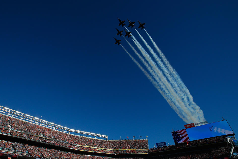 SANTA CLARA, CA - FEBRUARY 07:  The Blue Angels perform a fly-over prior to Super Bowl 50 between the Denver Broncos and the Carolina Panthers at Levi's Stadium on February 7, 2016 in Santa Clara, California.  (Photo by Kevin C. Cox/Getty Images)